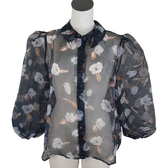 Modcloth Blouse Black Sheer Floral Button Front Puff Sleeves Womens Medium - Picture 1 of 12